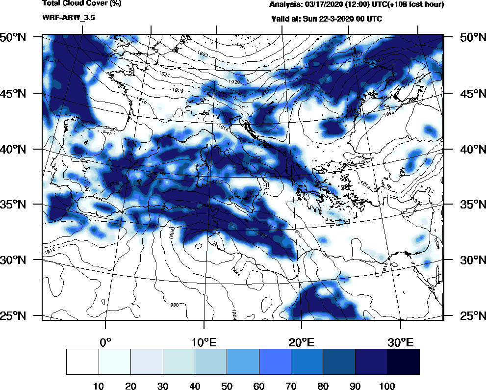 Total cloud cover (%) - 2020-03-21 18:00