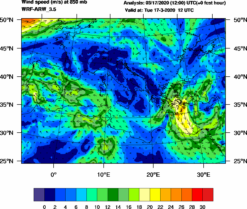 Wind speed (m/s) at 850 mb - 2020-03-17 12:00