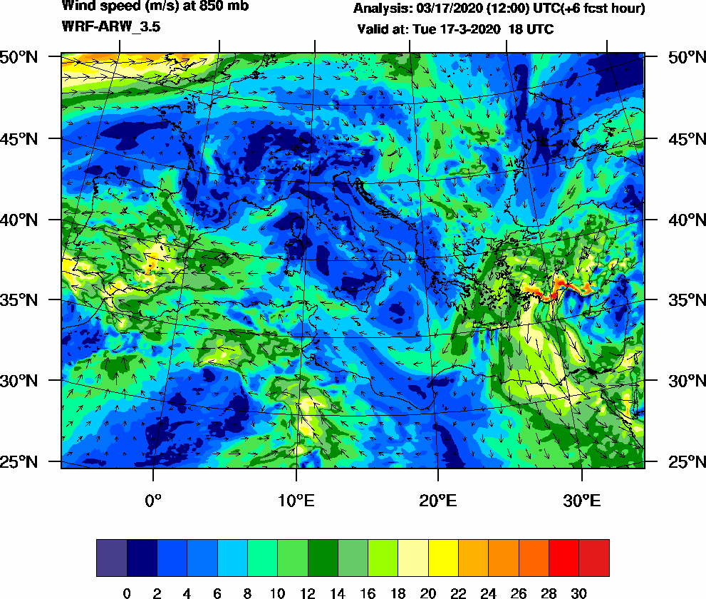 Wind speed (m/s) at 850 mb - 2020-03-17 18:00