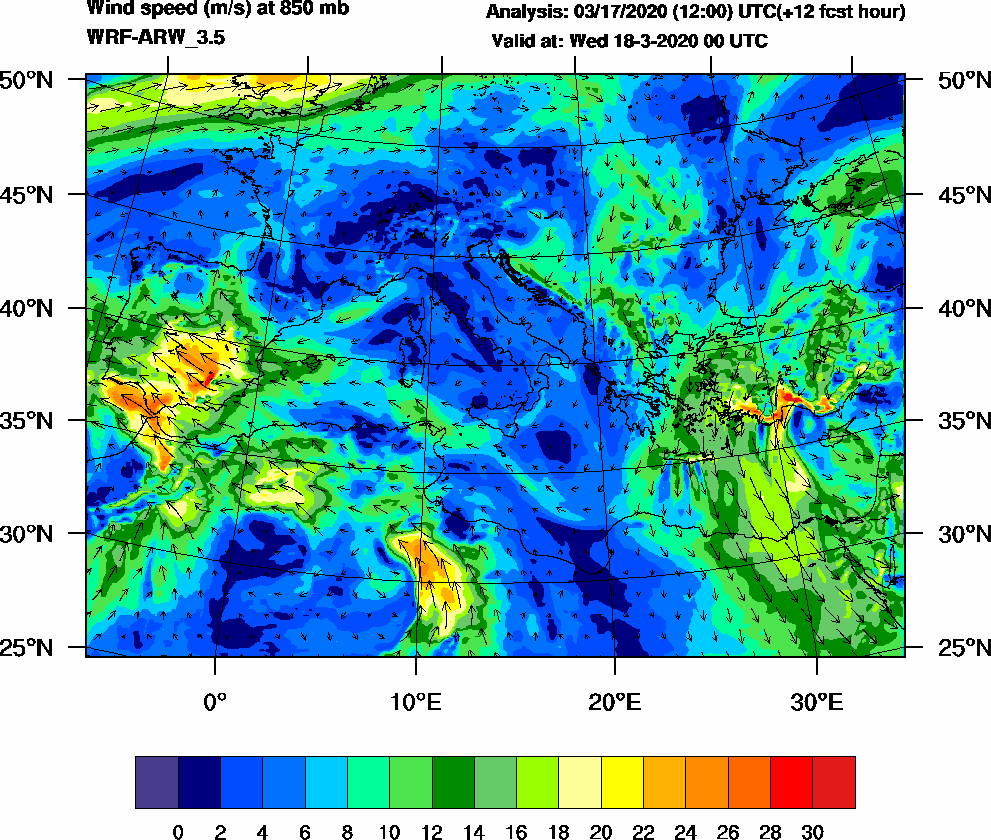 Wind speed (m/s) at 850 mb - 2020-03-18 00:00