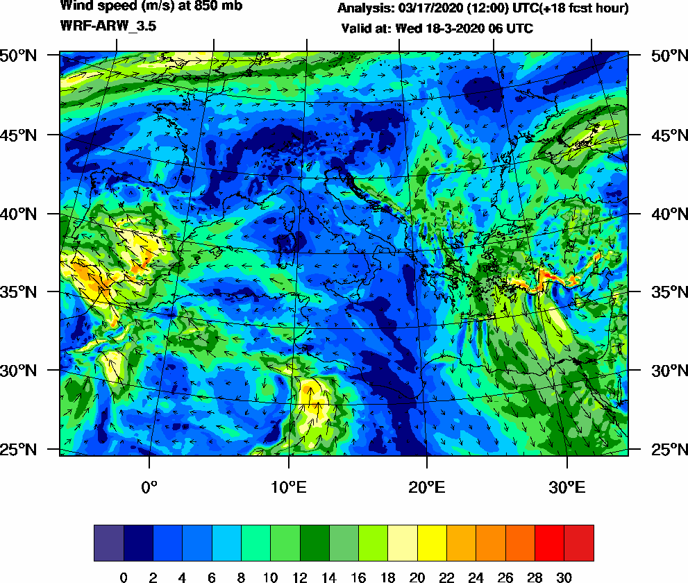 Wind speed (m/s) at 850 mb - 2020-03-18 06:00