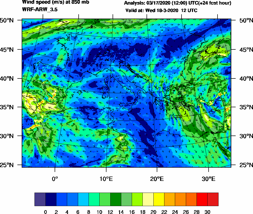 Wind speed (m/s) at 850 mb - 2020-03-18 12:00