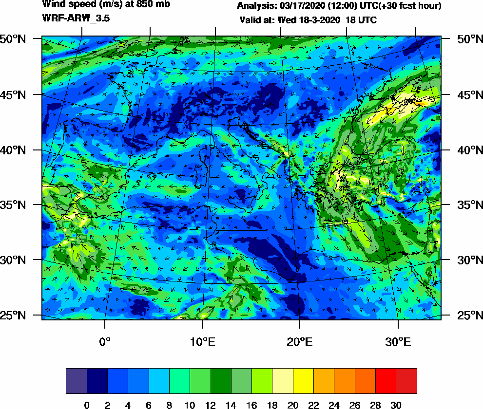 Wind speed (m/s) at 850 mb - 2020-03-18 18:00