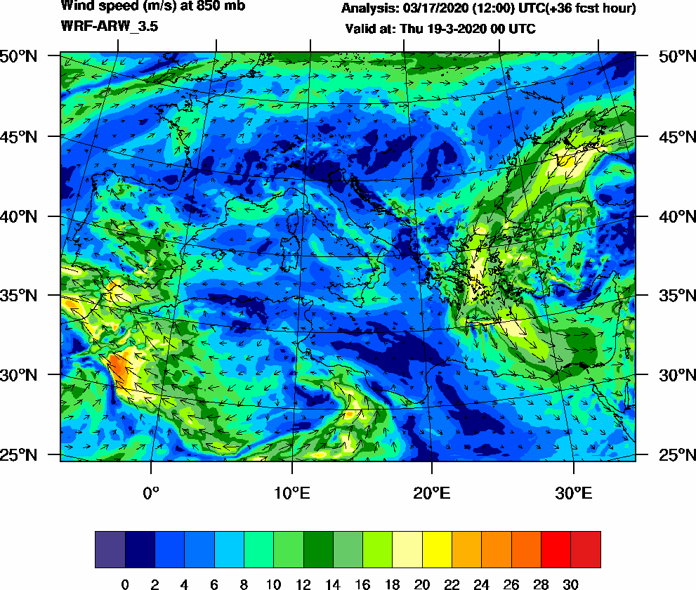 Wind speed (m/s) at 850 mb - 2020-03-19 00:00