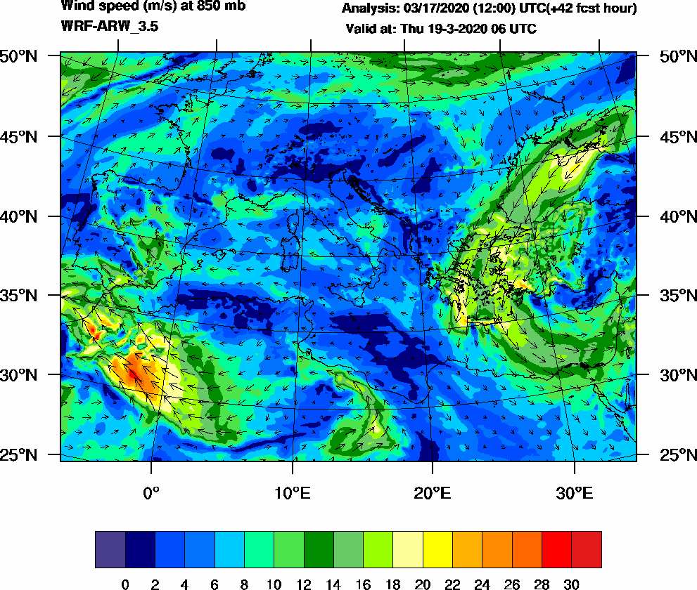 Wind speed (m/s) at 850 mb - 2020-03-19 06:00