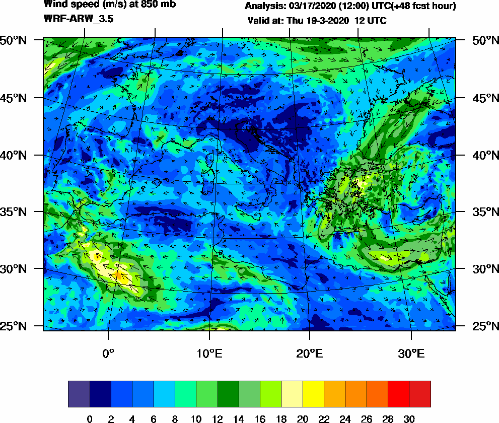 Wind speed (m/s) at 850 mb - 2020-03-19 12:00