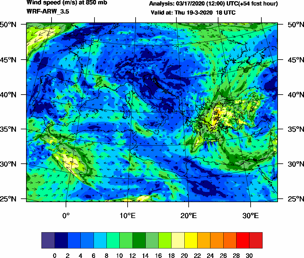 Wind speed (m/s) at 850 mb - 2020-03-19 18:00