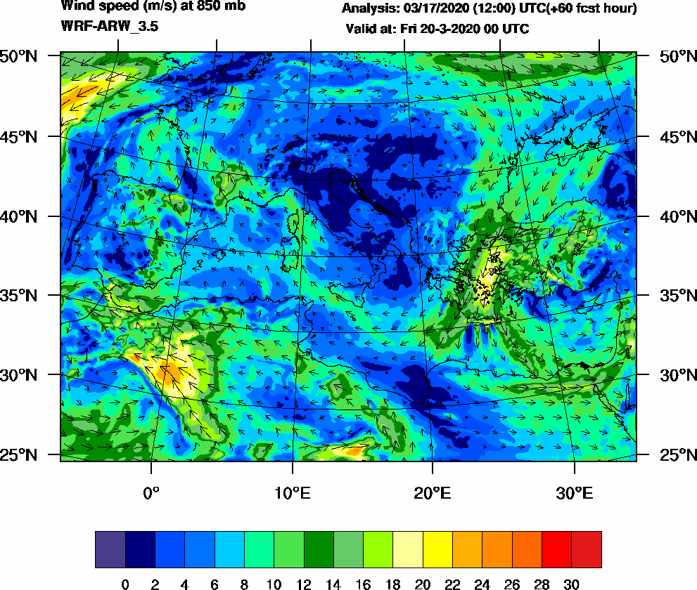 Wind speed (m/s) at 850 mb - 2020-03-20 00:00