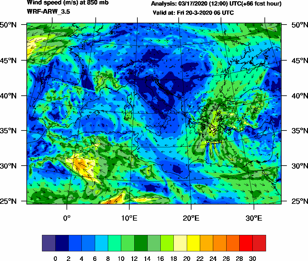 Wind speed (m/s) at 850 mb - 2020-03-20 06:00