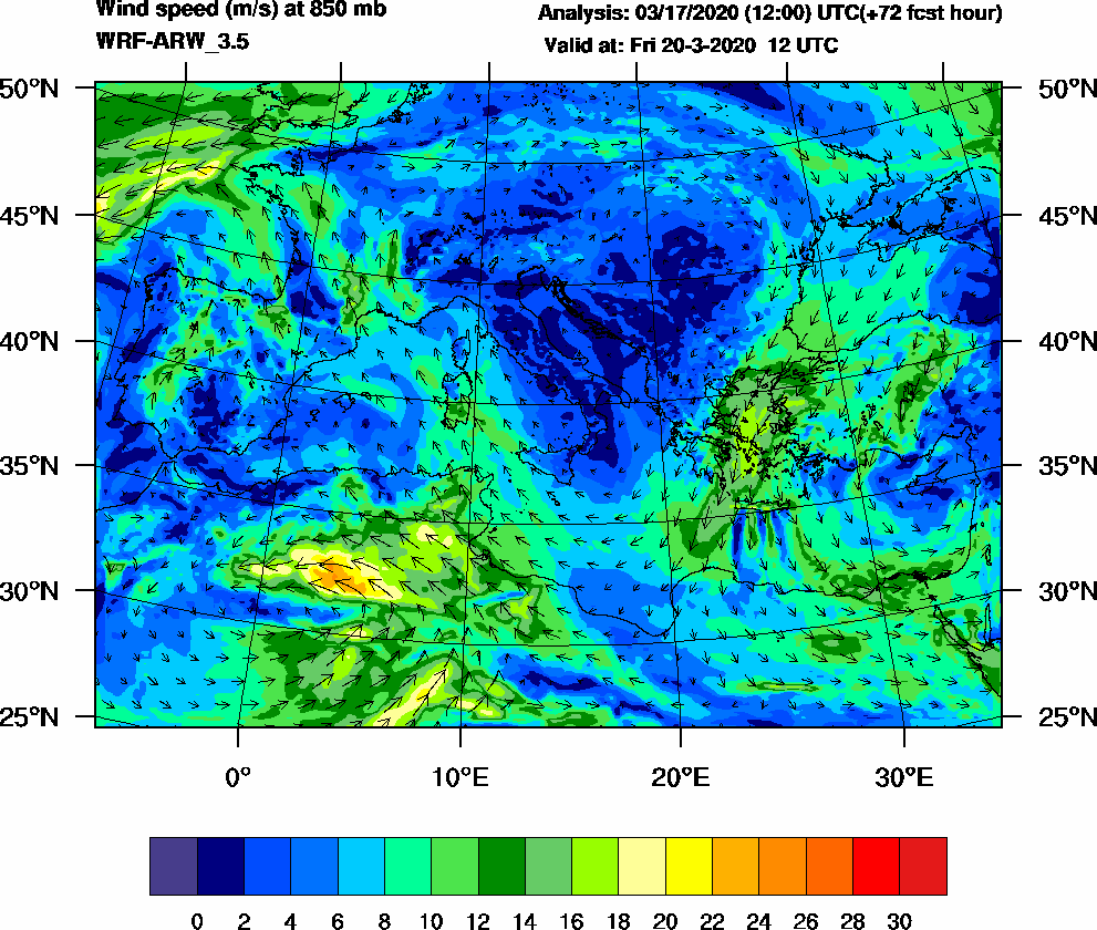 Wind speed (m/s) at 850 mb - 2020-03-20 12:00