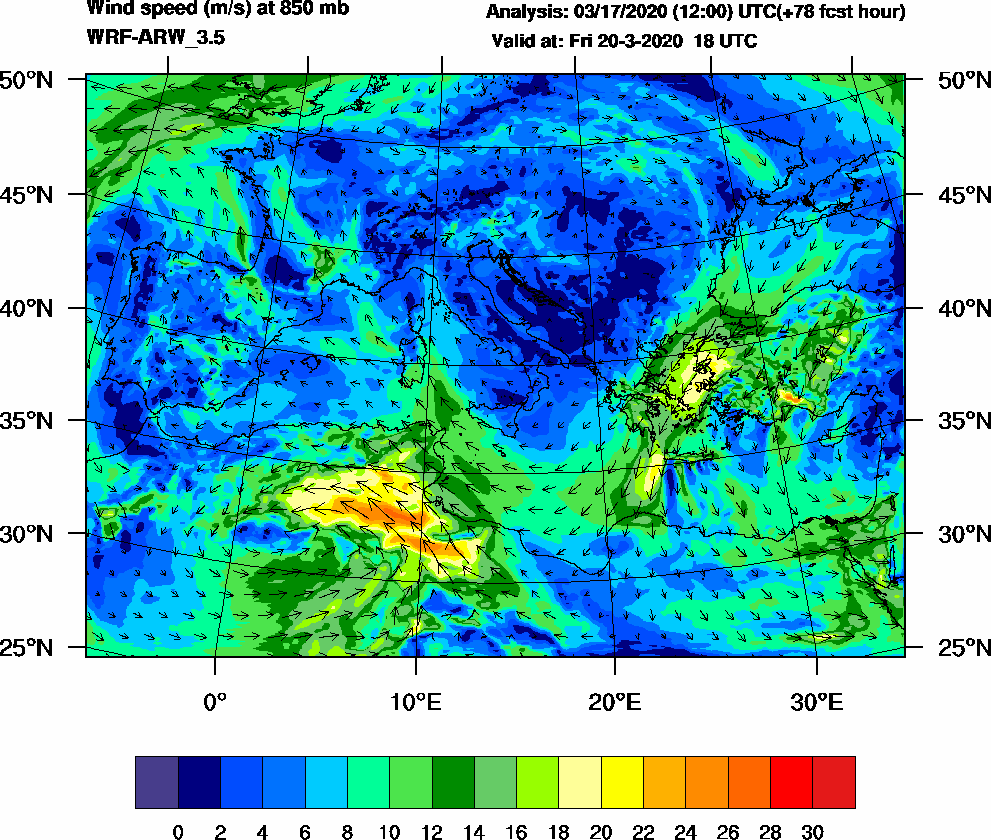 Wind speed (m/s) at 850 mb - 2020-03-20 18:00