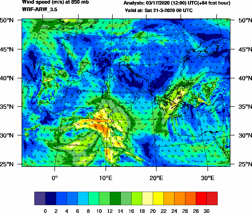 Wind speed (m/s) at 850 mb - 2020-03-21 00:00