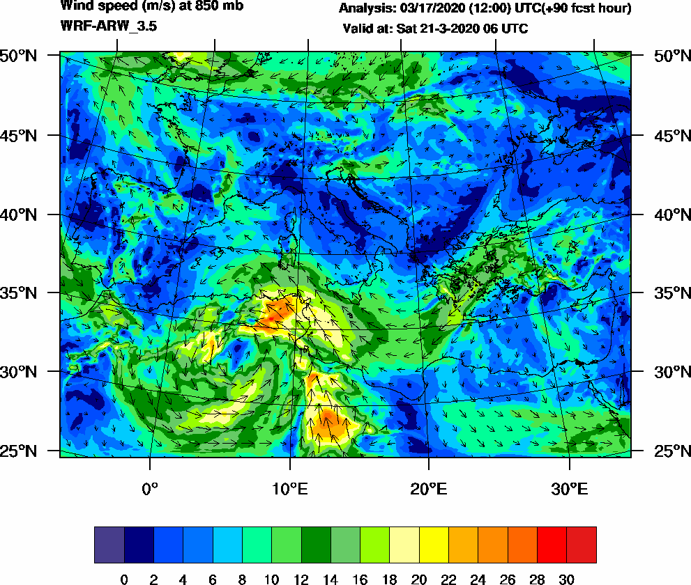 Wind speed (m/s) at 850 mb - 2020-03-21 06:00