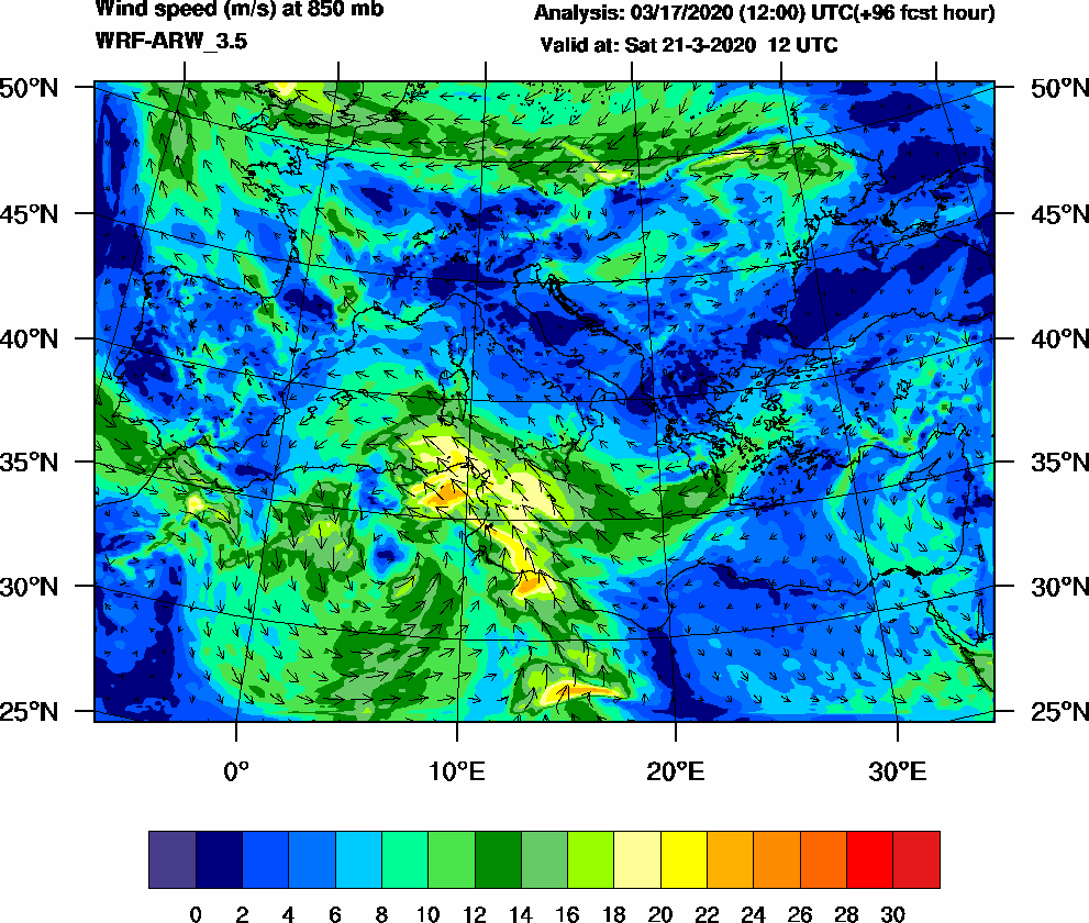 Wind speed (m/s) at 850 mb - 2020-03-21 12:00