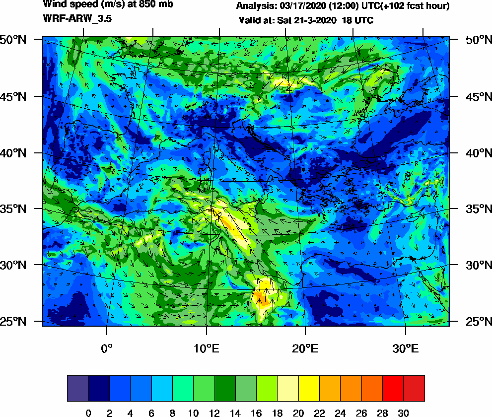 Wind speed (m/s) at 850 mb - 2020-03-21 18:00
