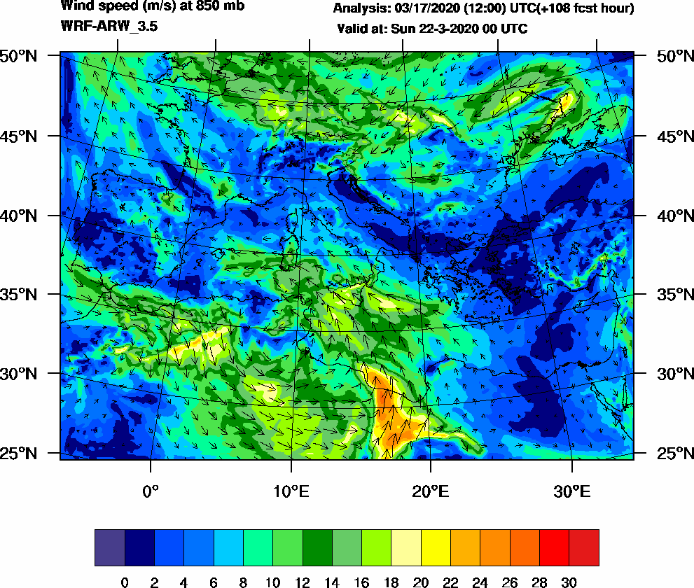 Wind speed (m/s) at 850 mb - 2020-03-22 00:00