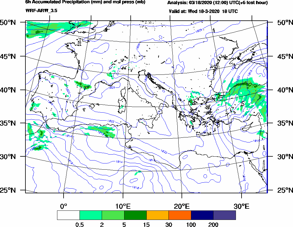 6h Accumulated Precipitation (mm) and msl press (mb) - 2020-03-18 12:00