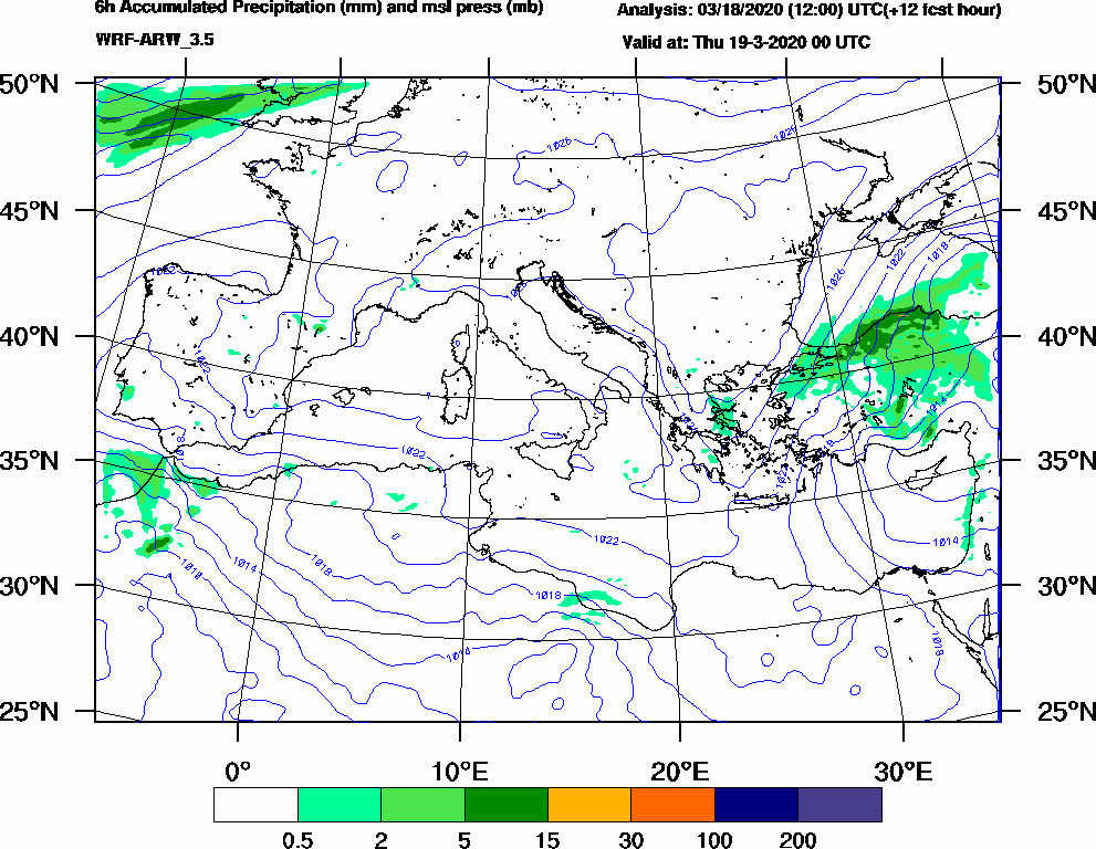 6h Accumulated Precipitation (mm) and msl press (mb) - 2020-03-18 18:00