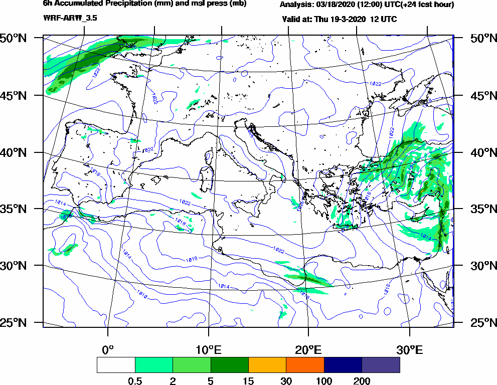 6h Accumulated Precipitation (mm) and msl press (mb) - 2020-03-19 06:00