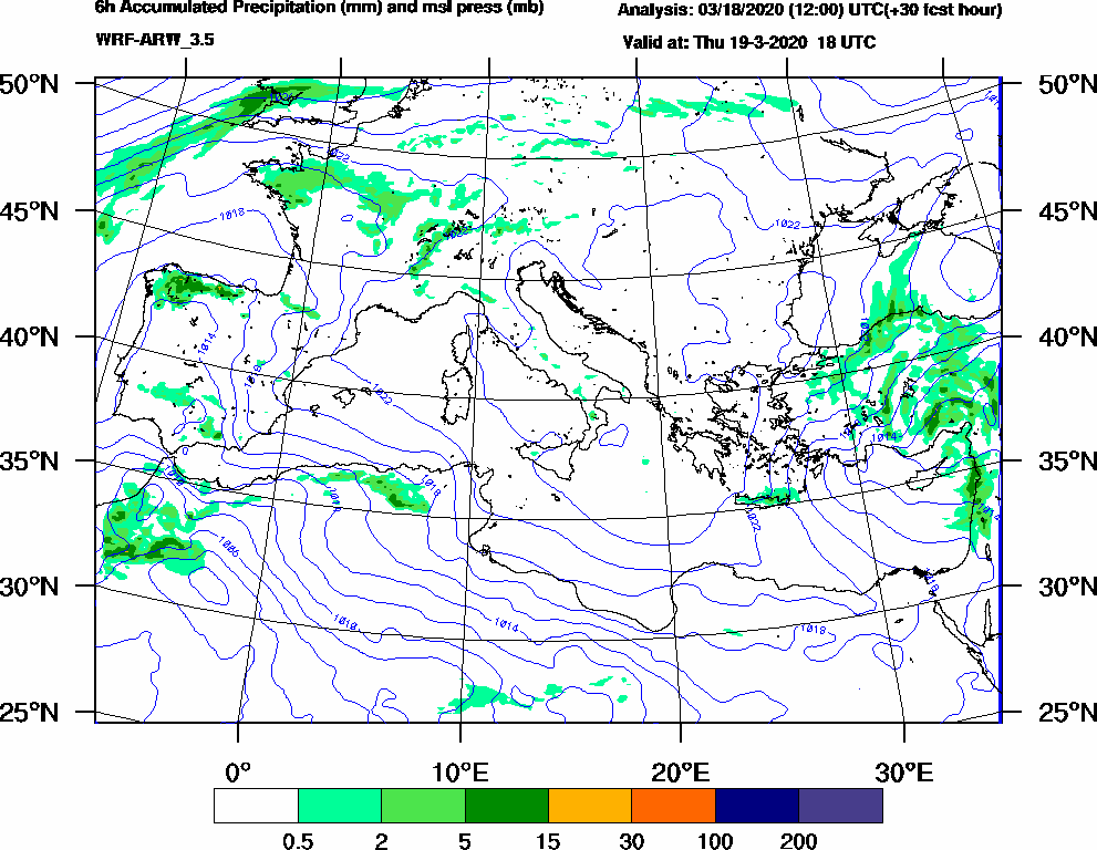 6h Accumulated Precipitation (mm) and msl press (mb) - 2020-03-19 12:00