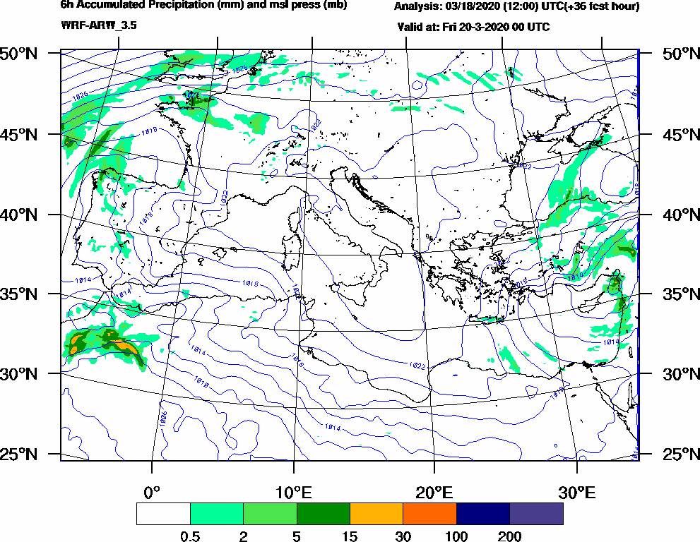 6h Accumulated Precipitation (mm) and msl press (mb) - 2020-03-19 18:00