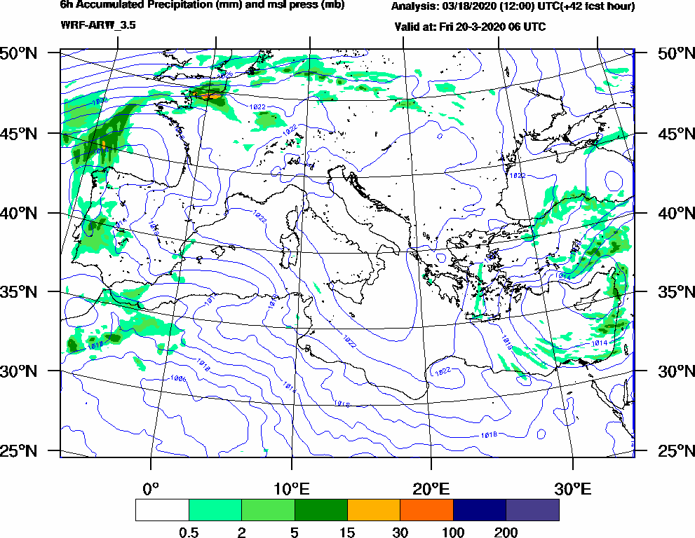 6h Accumulated Precipitation (mm) and msl press (mb) - 2020-03-20 00:00