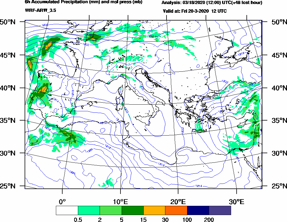 6h Accumulated Precipitation (mm) and msl press (mb) - 2020-03-20 06:00