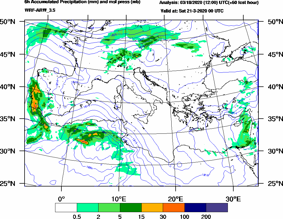 6h Accumulated Precipitation (mm) and msl press (mb) - 2020-03-20 18:00