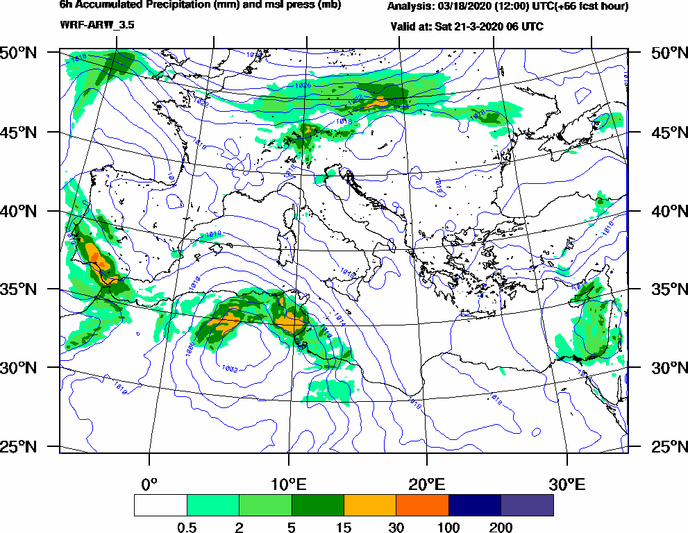 6h Accumulated Precipitation (mm) and msl press (mb) - 2020-03-21 00:00