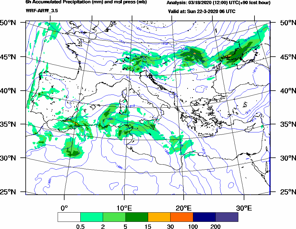 6h Accumulated Precipitation (mm) and msl press (mb) - 2020-03-22 00:00