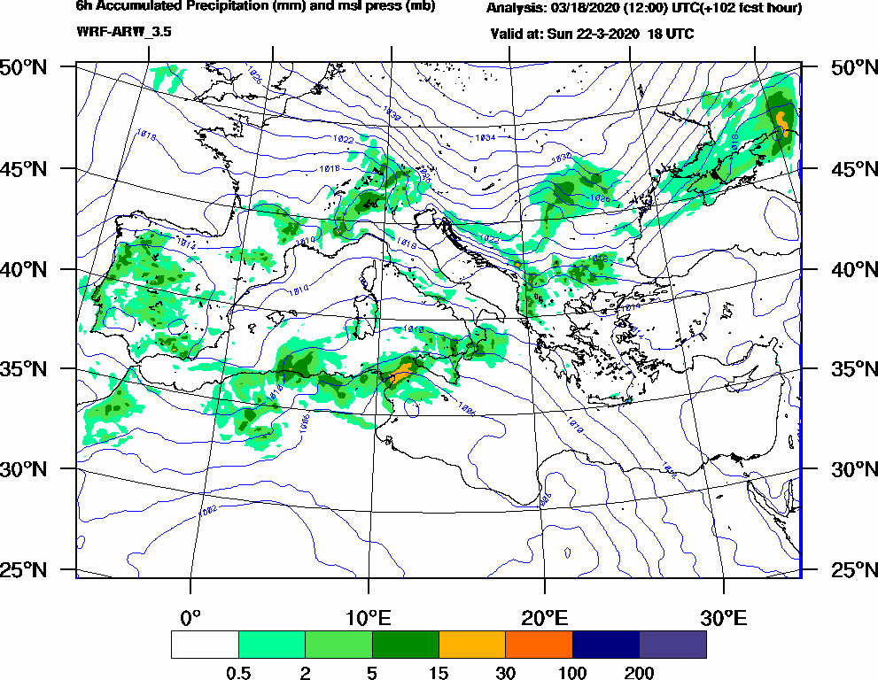 6h Accumulated Precipitation (mm) and msl press (mb) - 2020-03-22 12:00