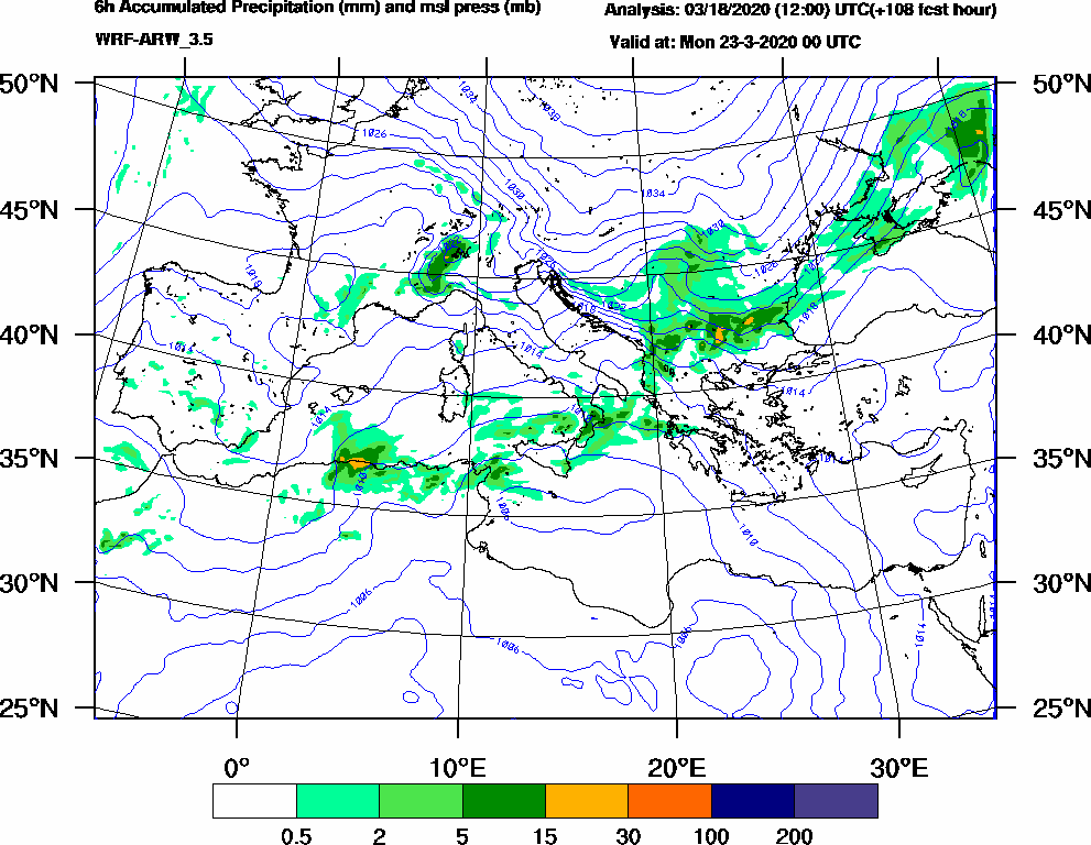 6h Accumulated Precipitation (mm) and msl press (mb) - 2020-03-22 18:00