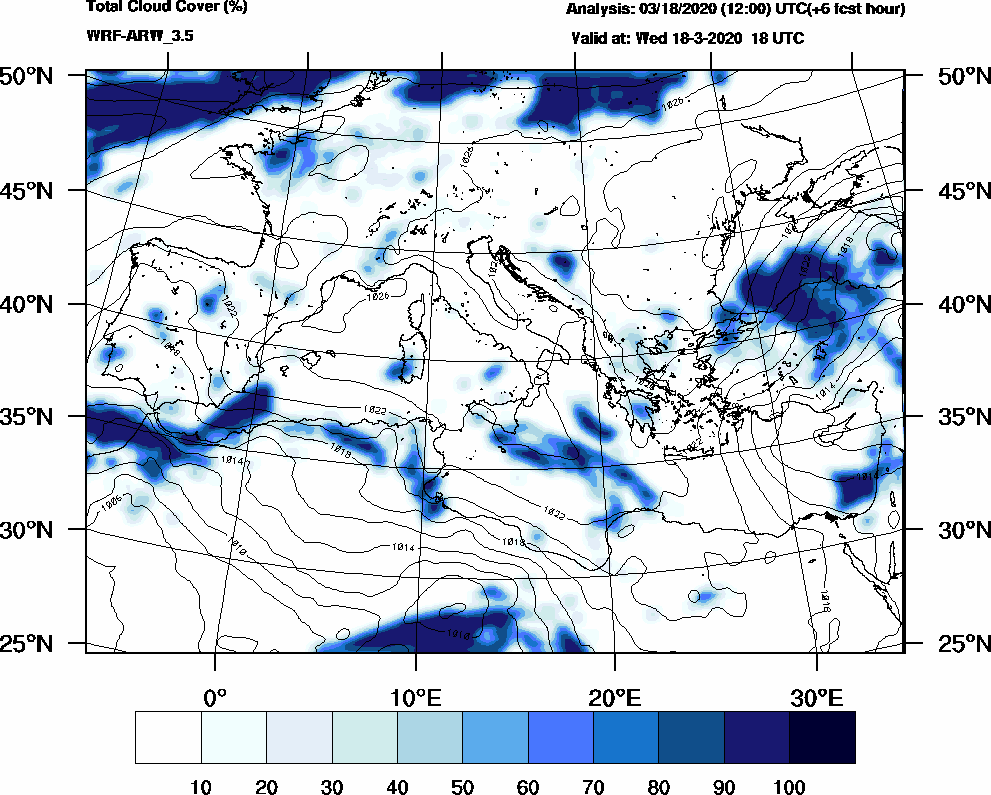 Total cloud cover (%) - 2020-03-18 12:00