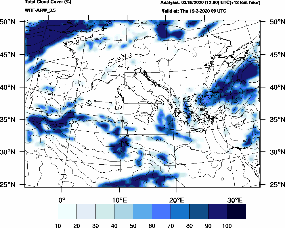 Total cloud cover (%) - 2020-03-18 18:00