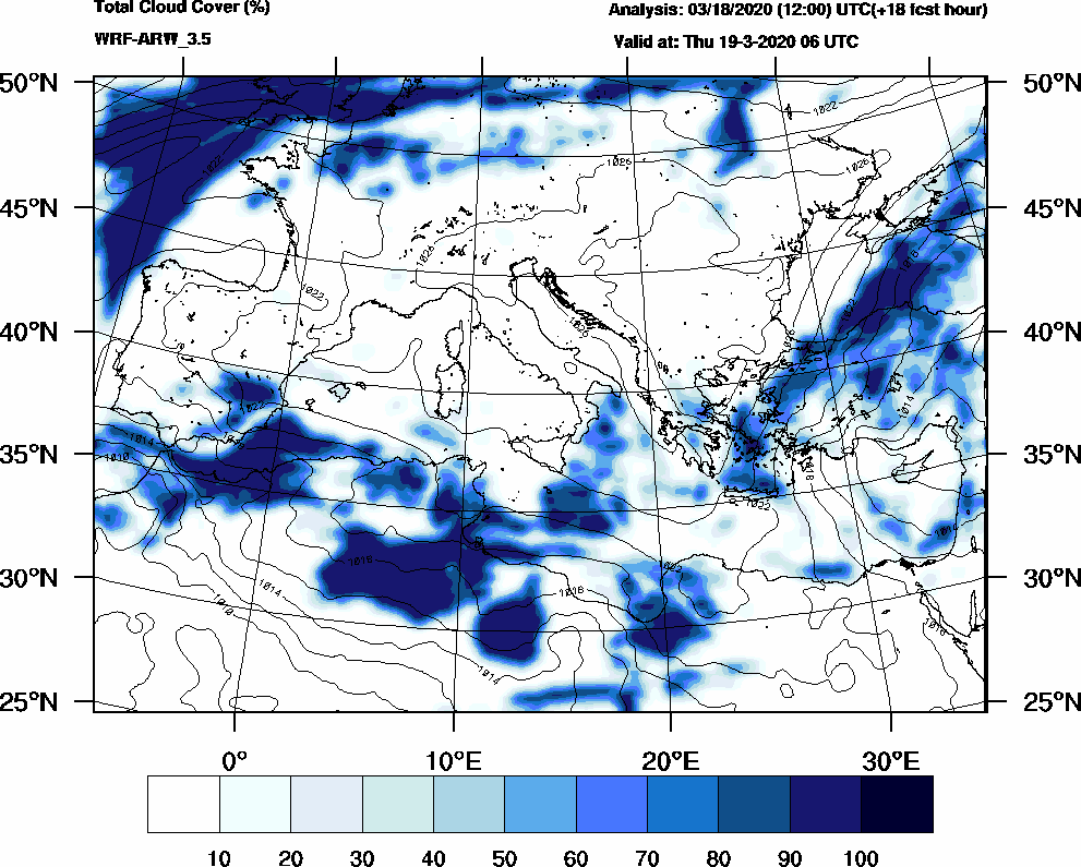 Total cloud cover (%) - 2020-03-19 00:00