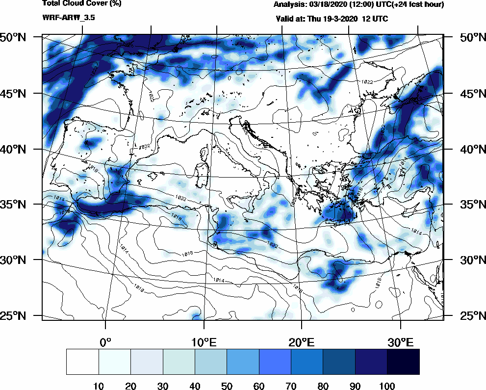 Total cloud cover (%) - 2020-03-19 06:00
