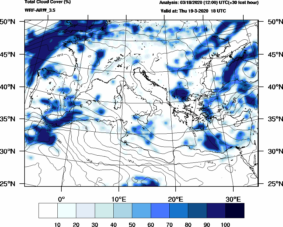Total cloud cover (%) - 2020-03-19 12:00