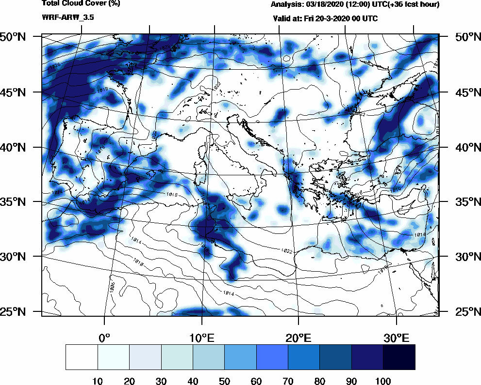 Total cloud cover (%) - 2020-03-19 18:00