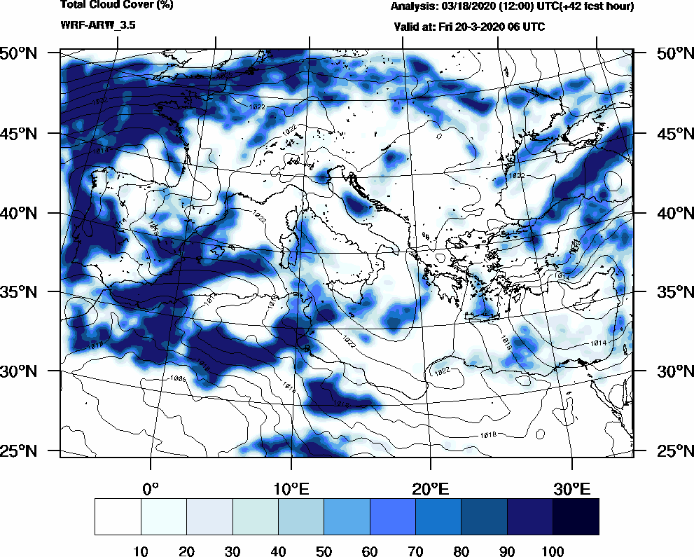 Total cloud cover (%) - 2020-03-20 00:00