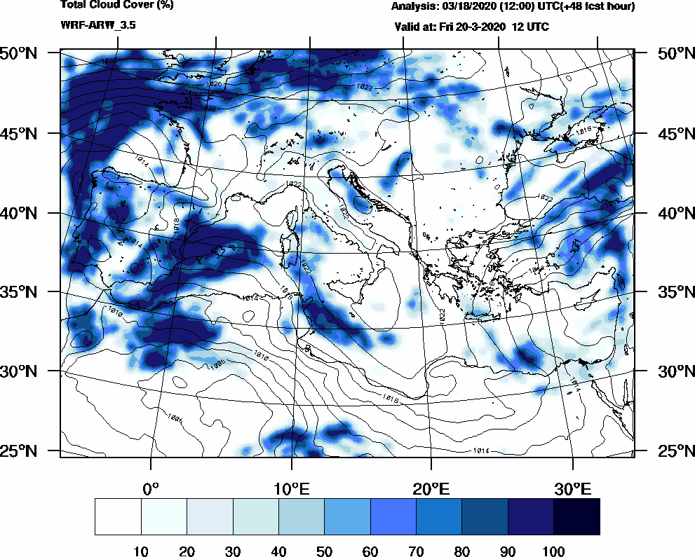 Total cloud cover (%) - 2020-03-20 06:00
