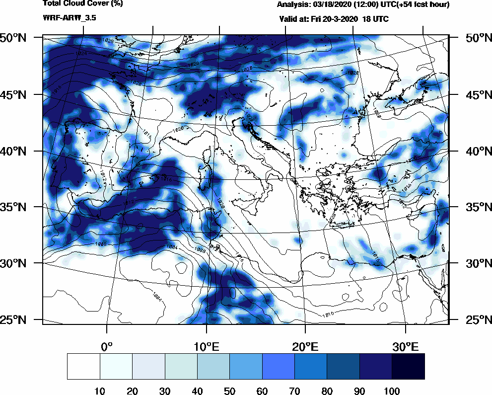 Total cloud cover (%) - 2020-03-20 12:00
