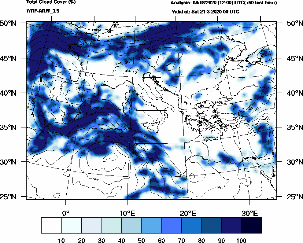Total cloud cover (%) - 2020-03-20 18:00