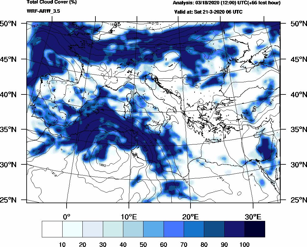 Total cloud cover (%) - 2020-03-21 00:00