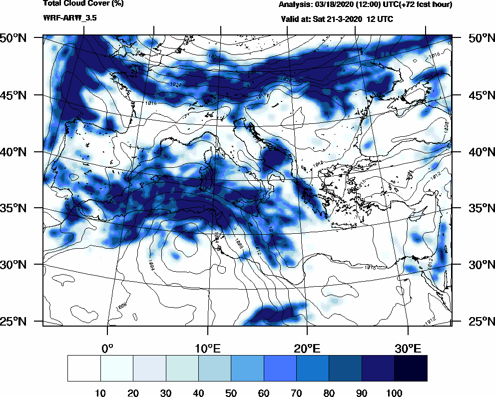 Total cloud cover (%) - 2020-03-21 06:00