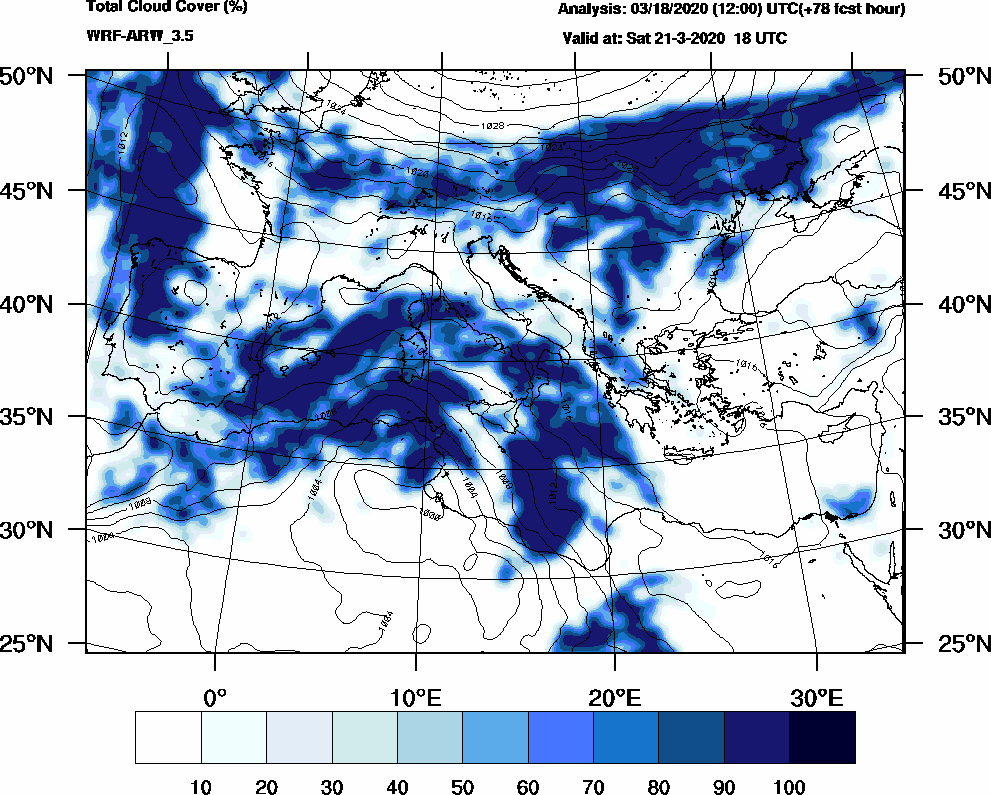 Total cloud cover (%) - 2020-03-21 12:00