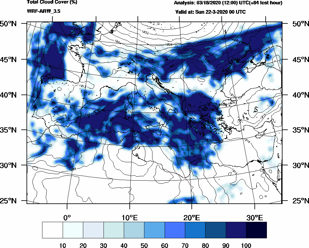 Total cloud cover (%) - 2020-03-21 18:00