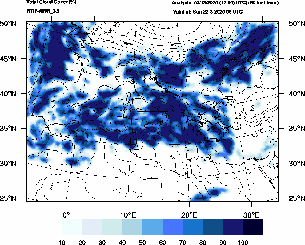 Total cloud cover (%) - 2020-03-22 00:00