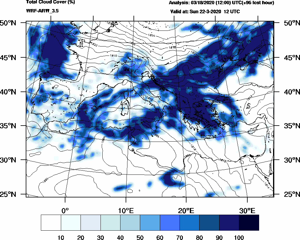 Total cloud cover (%) - 2020-03-22 06:00