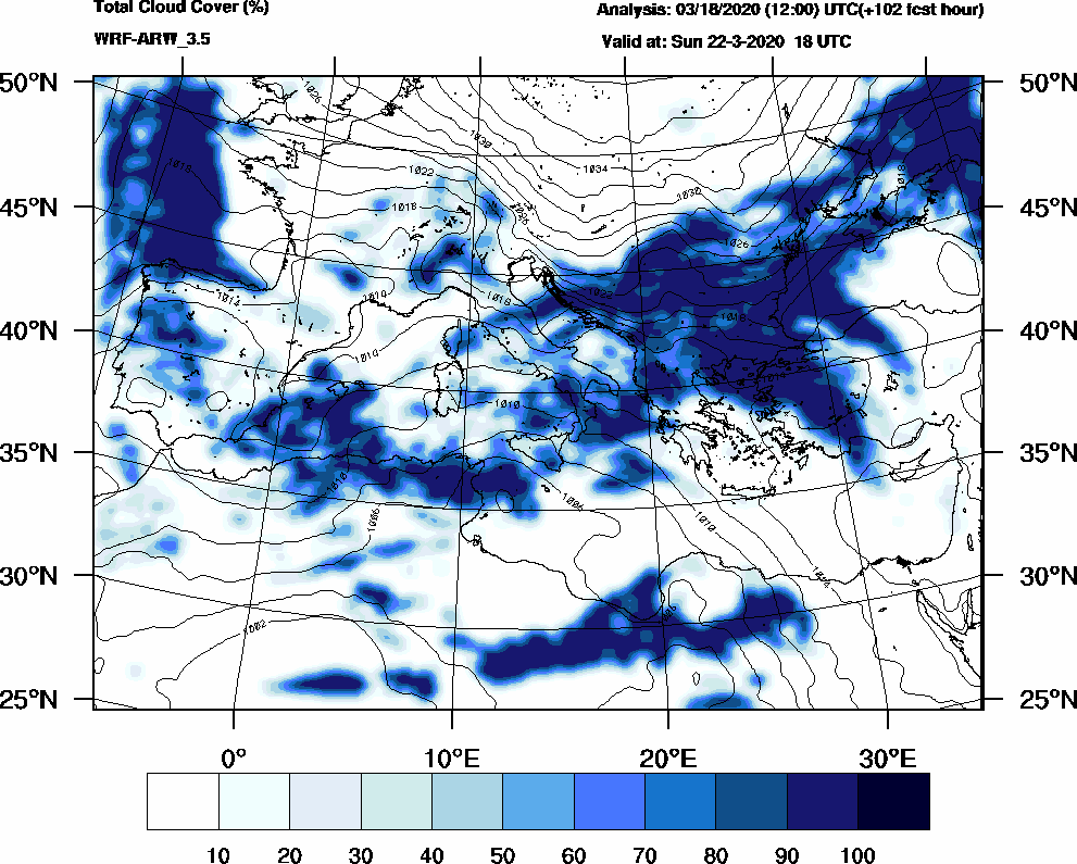 Total cloud cover (%) - 2020-03-22 12:00