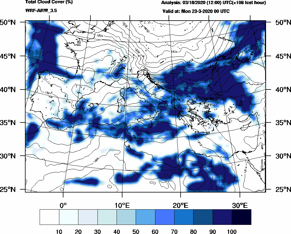 Total cloud cover (%) - 2020-03-22 18:00